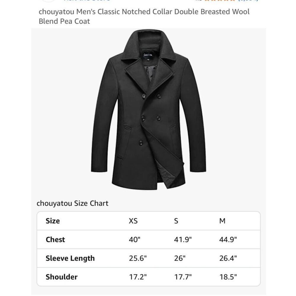 Chouyatou Men's Black Wool Blend Pea Coat - Size XS - Picture 10 of 10